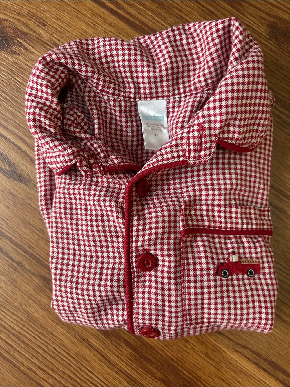 Janie and Jack Red and White Houndstooth Pajama Set with Fire Truck Embroidered